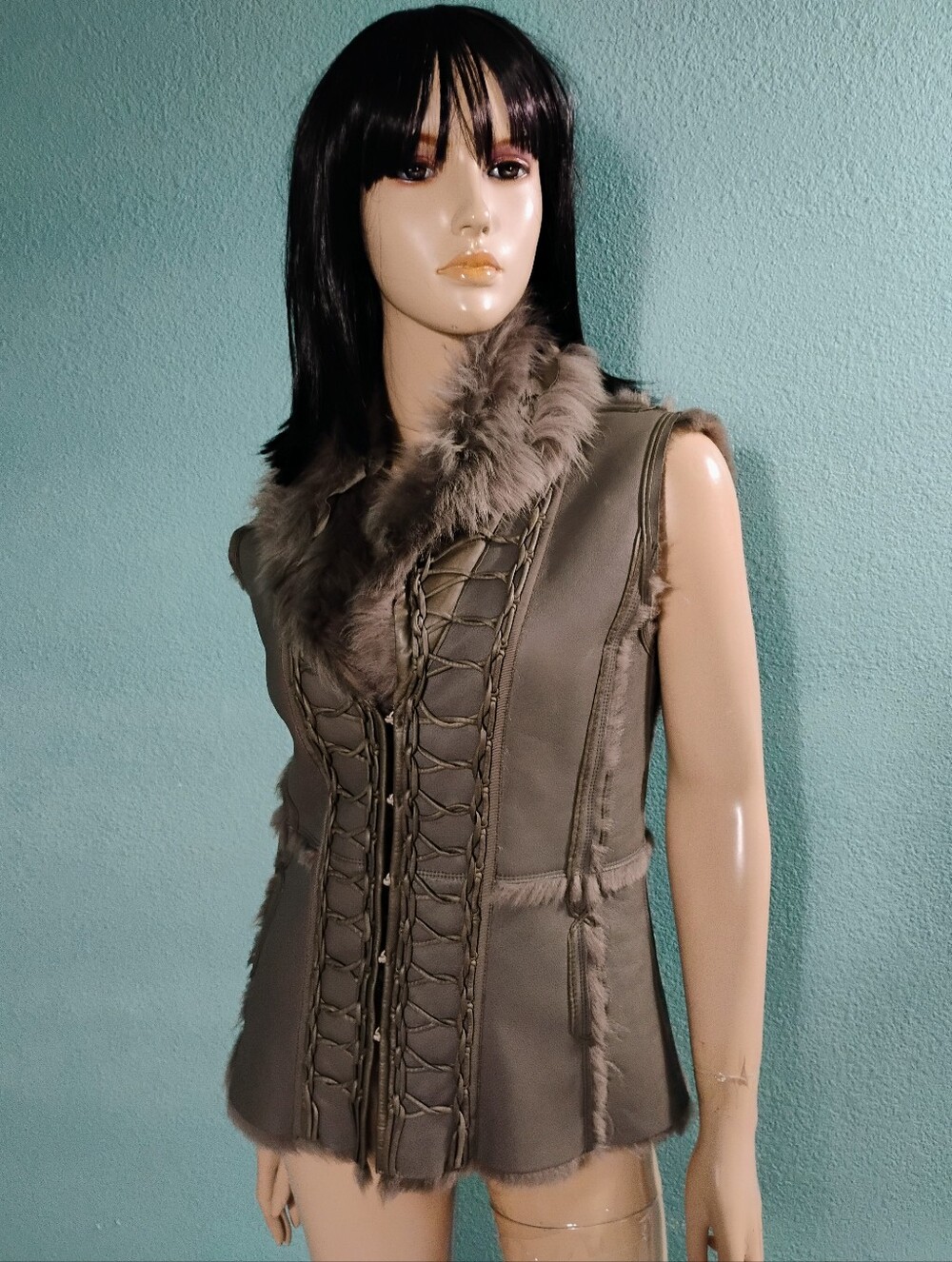 Elie Tahari Brown Gray Sz S Leather Vest With Fur